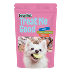 Pink Beef Treats dog treat package with a white dog holding a green apple