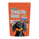 Orange package of Darcy and Ted's Chicken Treat Me Good dog treats with a black dog holding a piece of pumpkin.