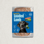 Darcy & Ted's Loaded Lamb dog food package on a textured gray background
