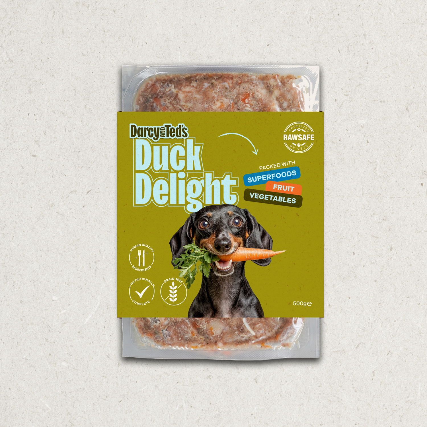 Darcy & Ted's Duck Delight dog food package on a light gray background