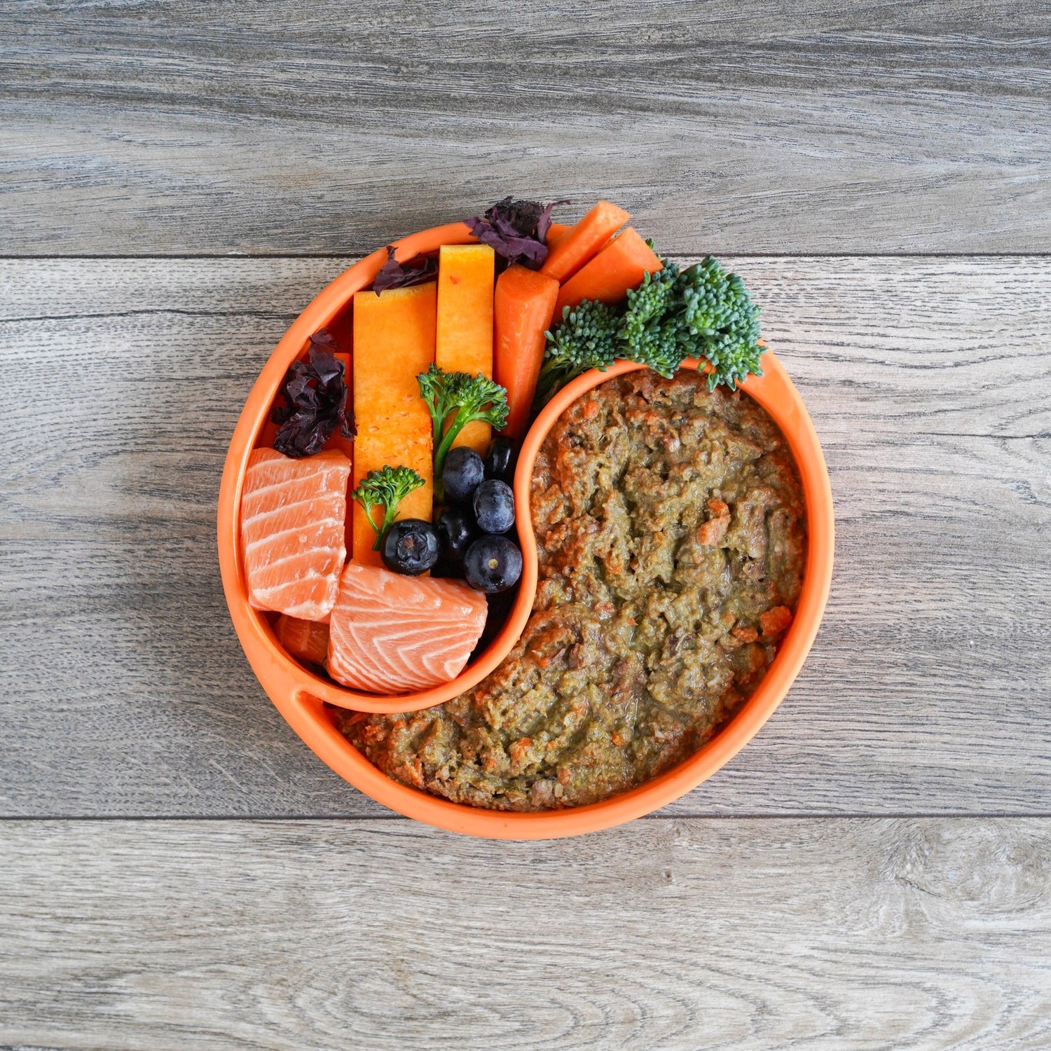 Bowl of food with salmon, carrots, and greens on a wooden surface with Darcy and Teds seriously salmon in one side