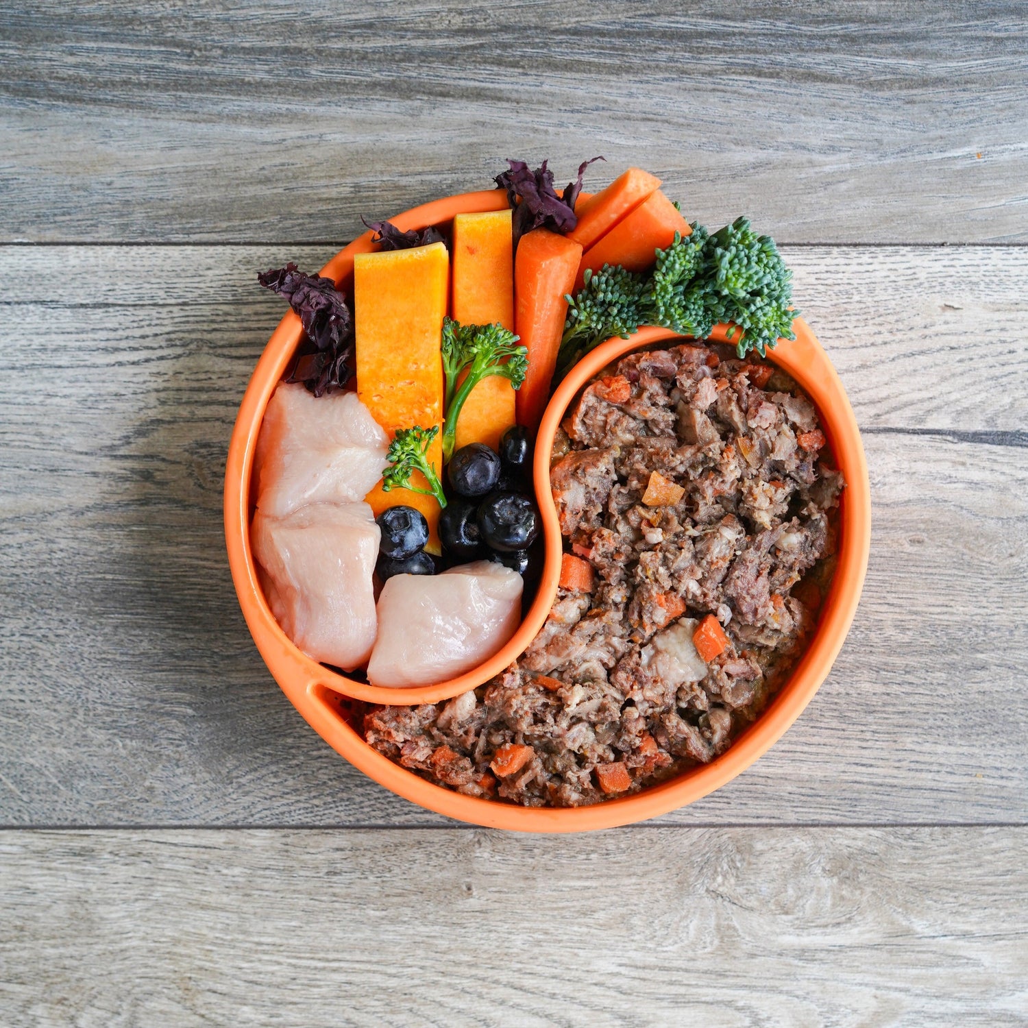 Pet food bowl with various ingredients on a wooden surface